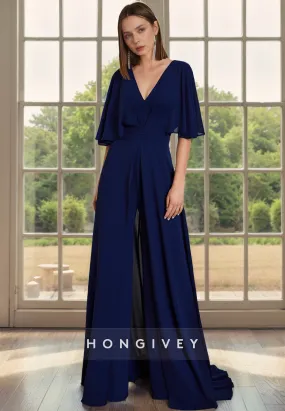 A-Line V-Neck Half Sleeves With Side Slit Mother of the Bride Dress