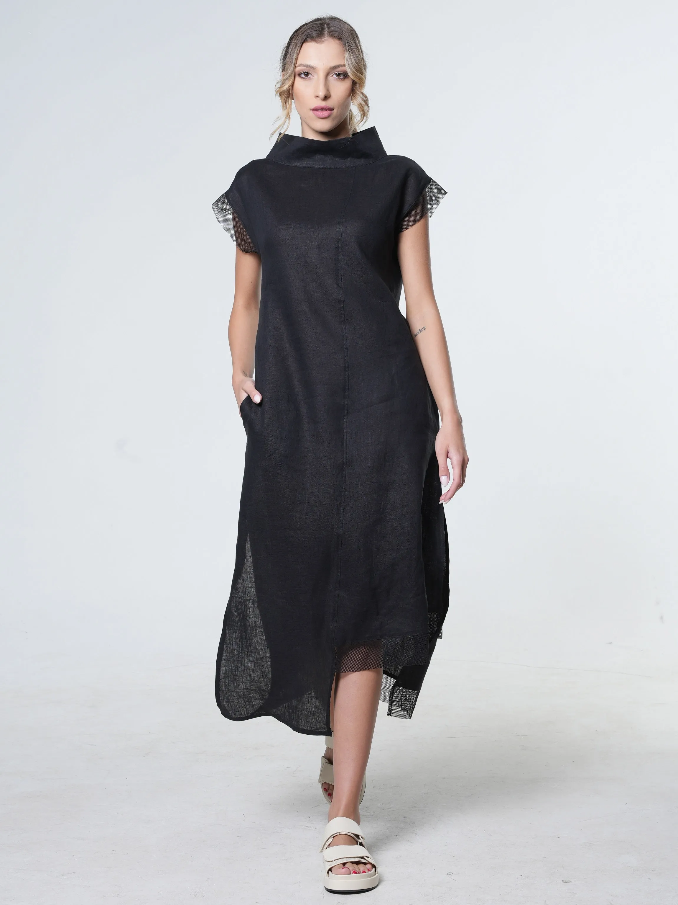 Asymmetrical Linen Dress In Navy Blue