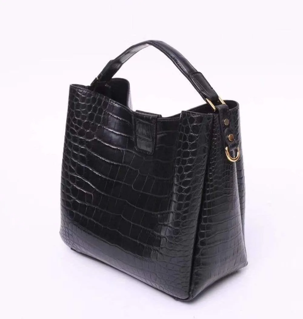 Black Crocodile Leather Medium Hobo Bag  & Purse For Women