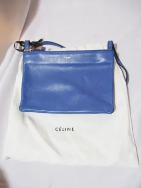 CELINE PARIS Leather TRIO Crossbody Zip Bag Purse BLUE