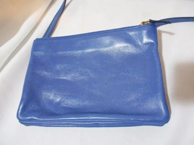 CELINE PARIS Leather TRIO Crossbody Zip Bag Purse BLUE