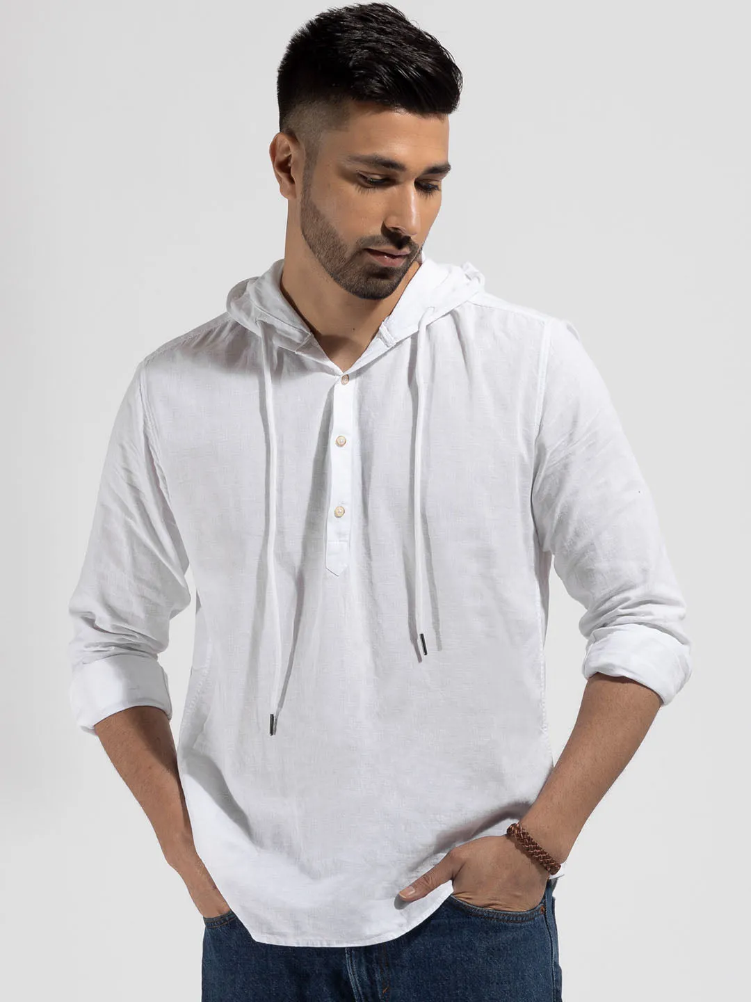 Hoodie Collar Cotton Linen White Kurta - Cloudie