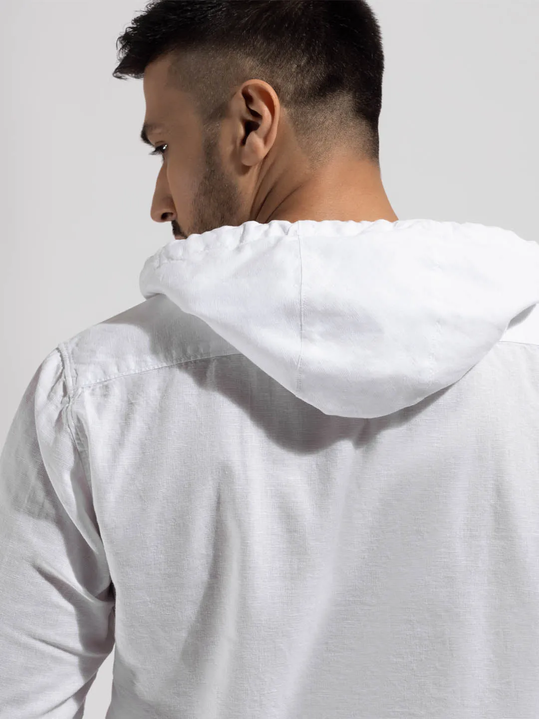 Hoodie Collar Cotton Linen White Kurta - Cloudie