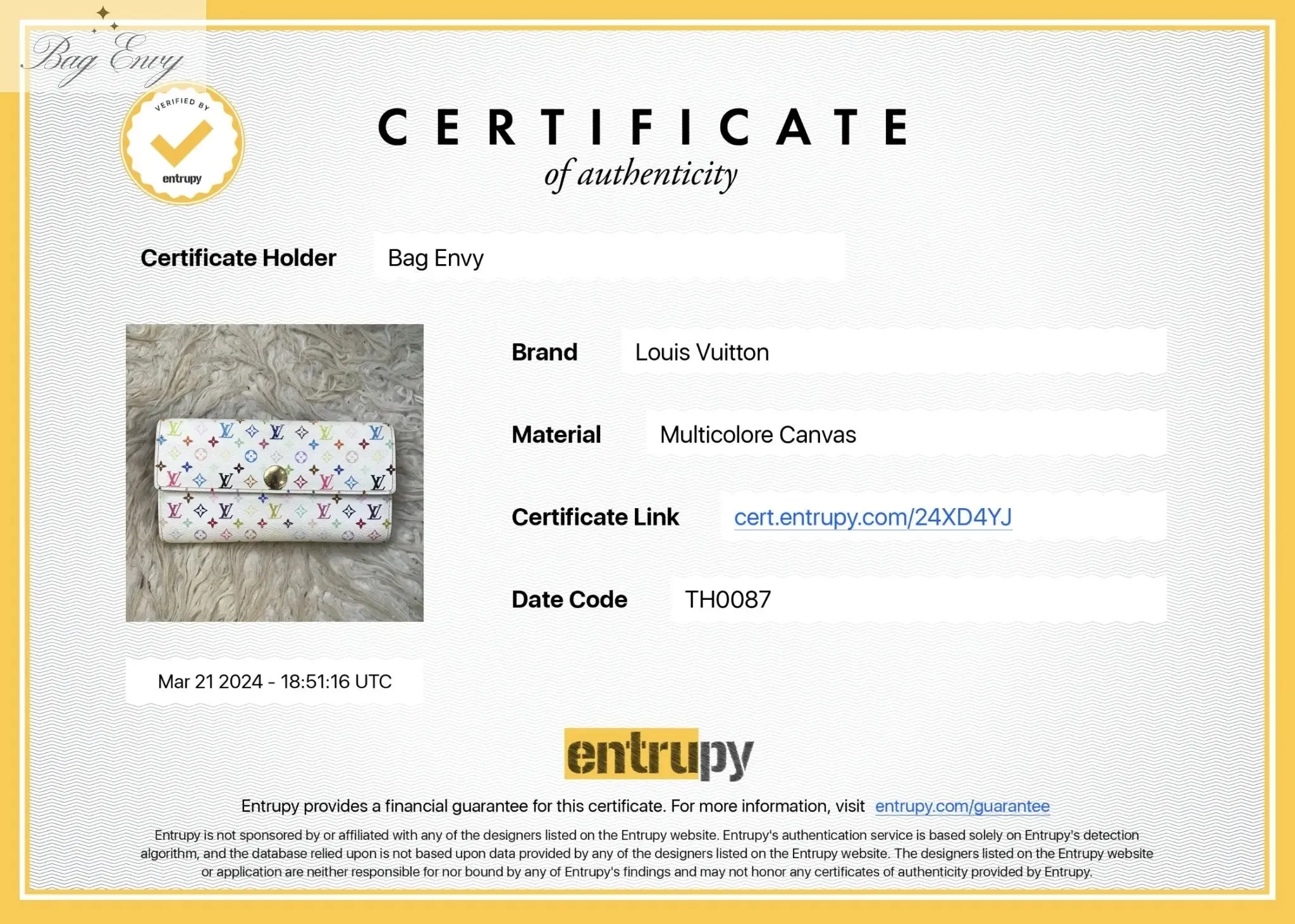 LOUIS VUITTON Multicolor Monogram Sarah Wallet on Chain