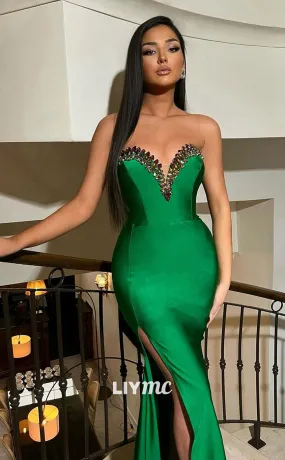 LP1221 - Sexy Green V-Neck Mermaid Beaded Formal Prom Dress