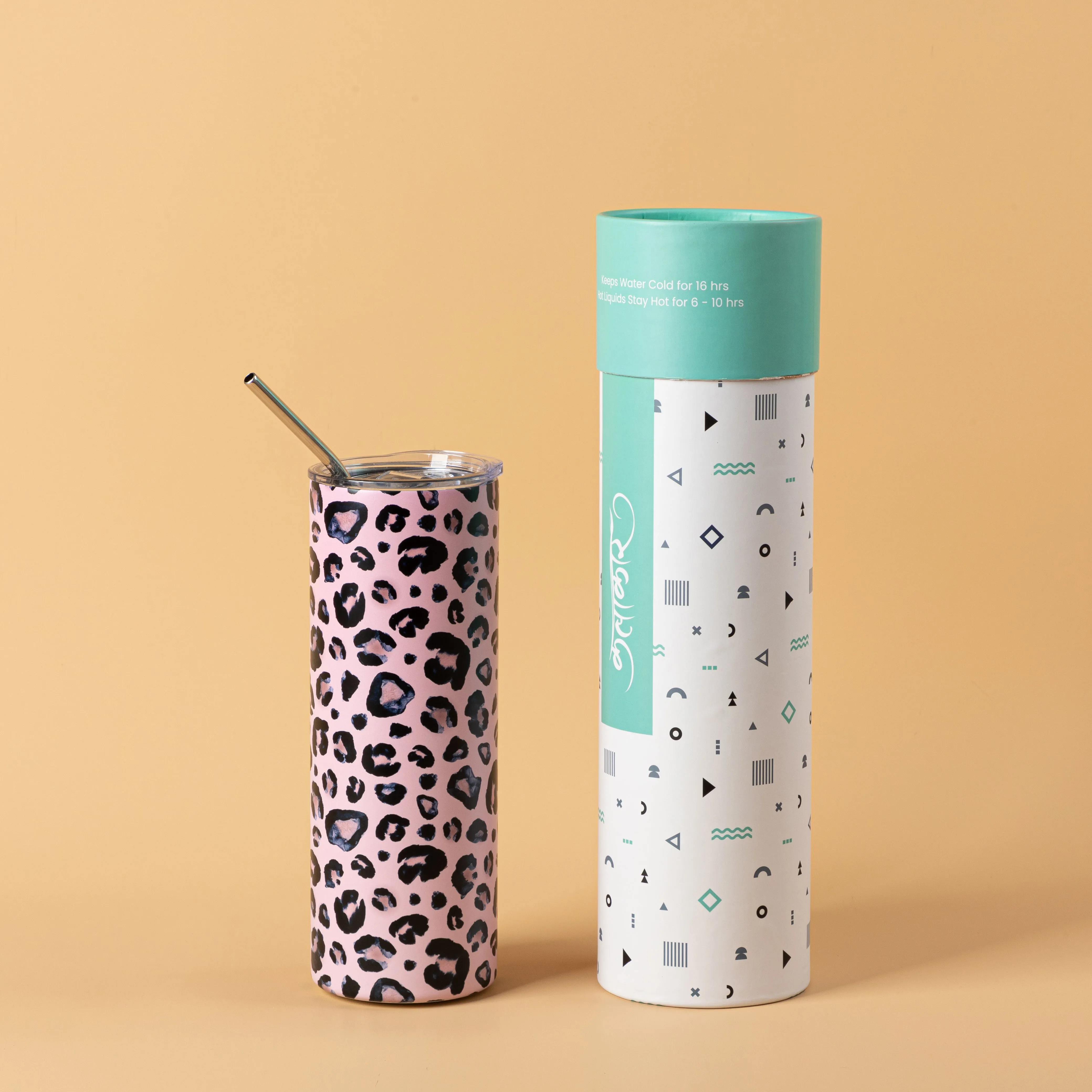 Stainless Steel Designer Water Bottle with Metal Straw ( Chic Leopard )